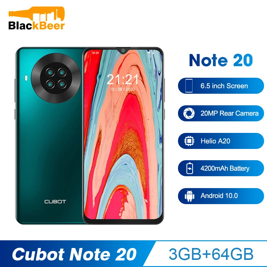 CUBOT Note 20 6.5 Inch Mobile Phone 3GB 64GB Helio A20 Android 10 Smartphone 12MP Rear Camera 4G Dual SIM Cellphone 4200mAh NFC