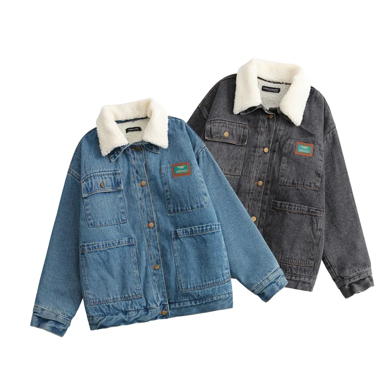 

New Winter Couples Wear Tooling Detachable Fur Collar Denim Thick Cotton Jacket Men Streetwear Oversized Denim Coat Korean