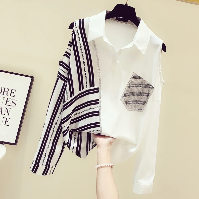

Белый, черный, на весну в Корейском стиле свободного покроя в полоску шифоновая рубашка для женщин с открытыми плечами блуза с блестками S-XXL