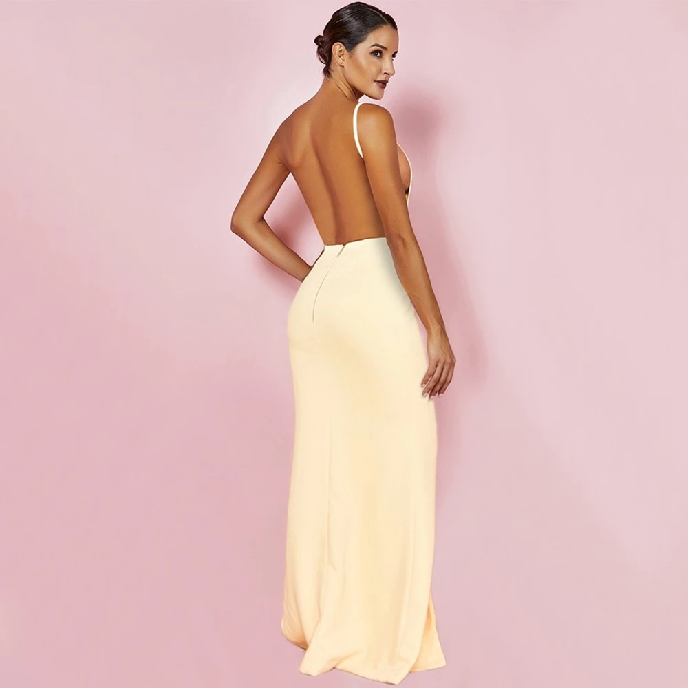 Ocstrade желтый Strapy без рукавов Макси спинки щелевая Bodycon платье HI1055-Yellow