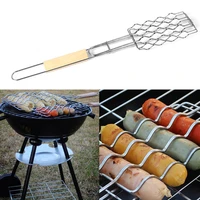 wooden handle anti scald fish camping grilling basket outdoor tool picnic barbecue accessories sausage cookware nonstick bbq