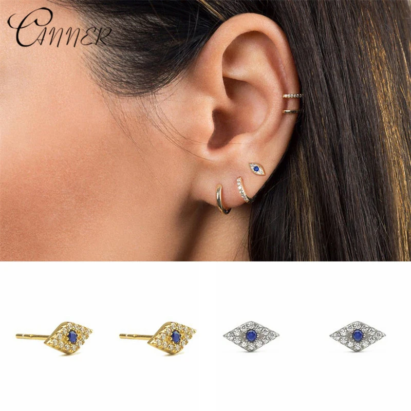

CANNER 2019 Punk Earings Fashion Jewelry 100% 925 Sterling Silver Mini Zircon Blue Eyes Small Stud Earrings for Women