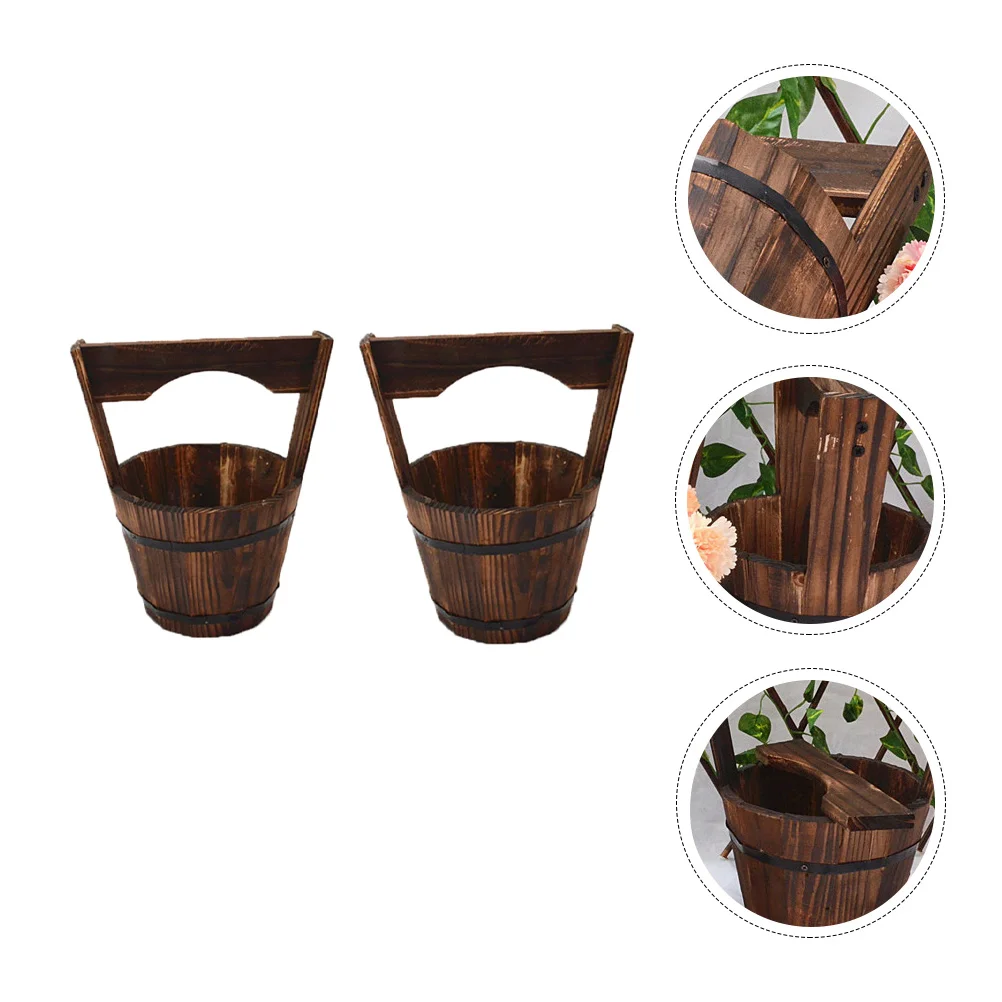 

2Pcs Fence Balcony Garden Rustic Wood Flower Pot Hanging Bucket Plant Flowerpot