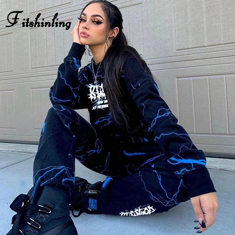 Женские комплекты для фитнеса с принтом молнии в готическом стиле 2020 свитшоты