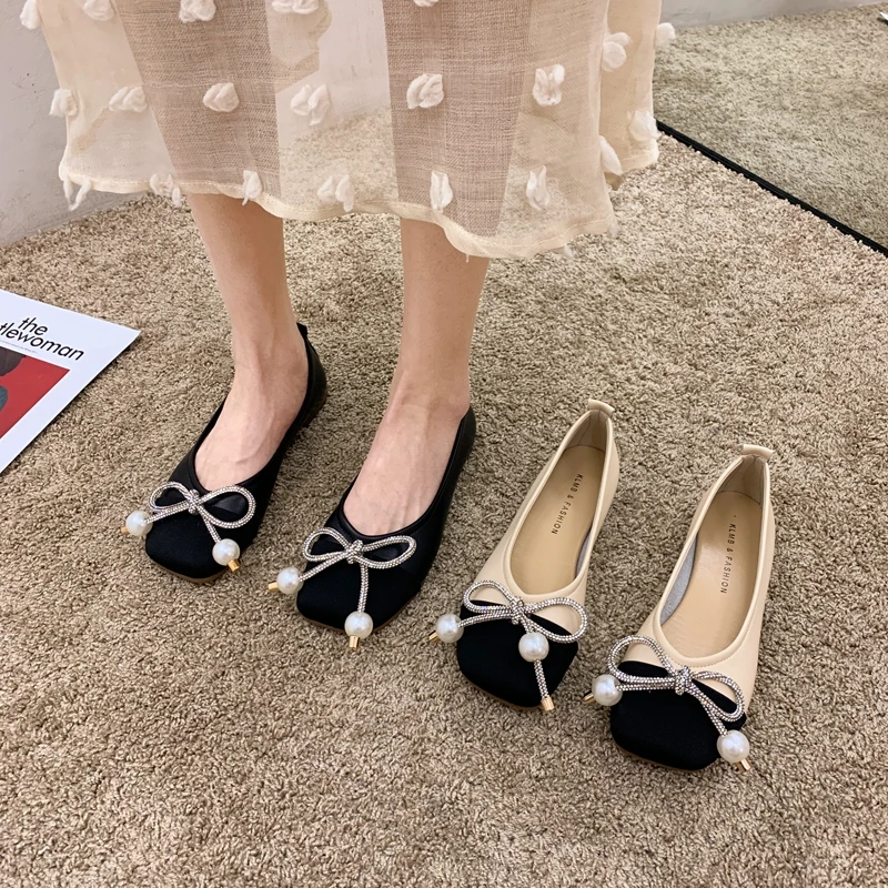 

MIYEDA Woman Pumps Low Heels Designer Shoe Retro String Bead Butterfly-knot Patchwork Flock All-match Office Ladies Shoes