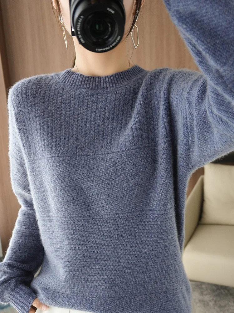 New Cashmere Sweater Women's Long-Sleeved Round Neck Solid Color Jacquard Casual All-Match Wool Knitted Sweater Bottoming Shirt