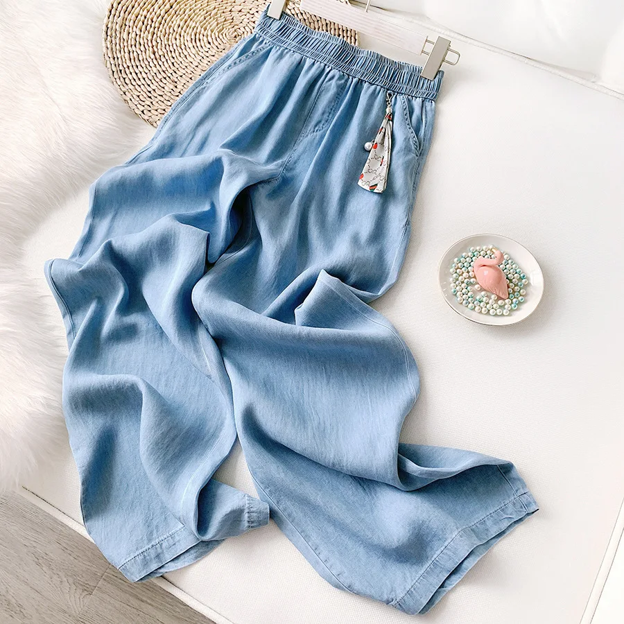 брюки женские Джинсы с высокой талией Прямые свободные Драповые Тенсел летние