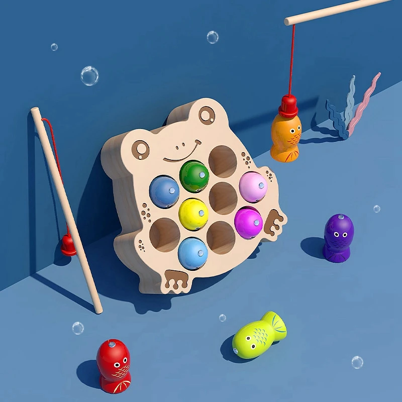 

Kids Wooden Toys Puzzle Magnetic Fishing Game with Frog Shape Playboard Children Puzzle Educational Toys