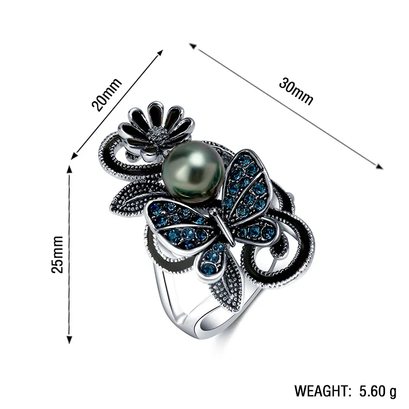 

2021 Trendy Vintage Navy Blue Pearl Butterfly Crystal Finger Ring For Women Engagement Wedding Party Jewelry Accessories