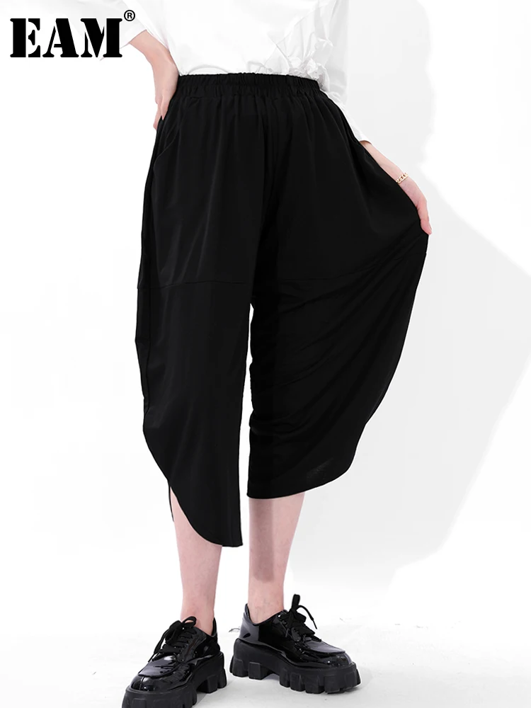 

[EAM] High Elastic Waist Black Long Casual Harem Trousers New Loose Fit Pants Women Fashion Tide Spring Summer 2021 1DE022201