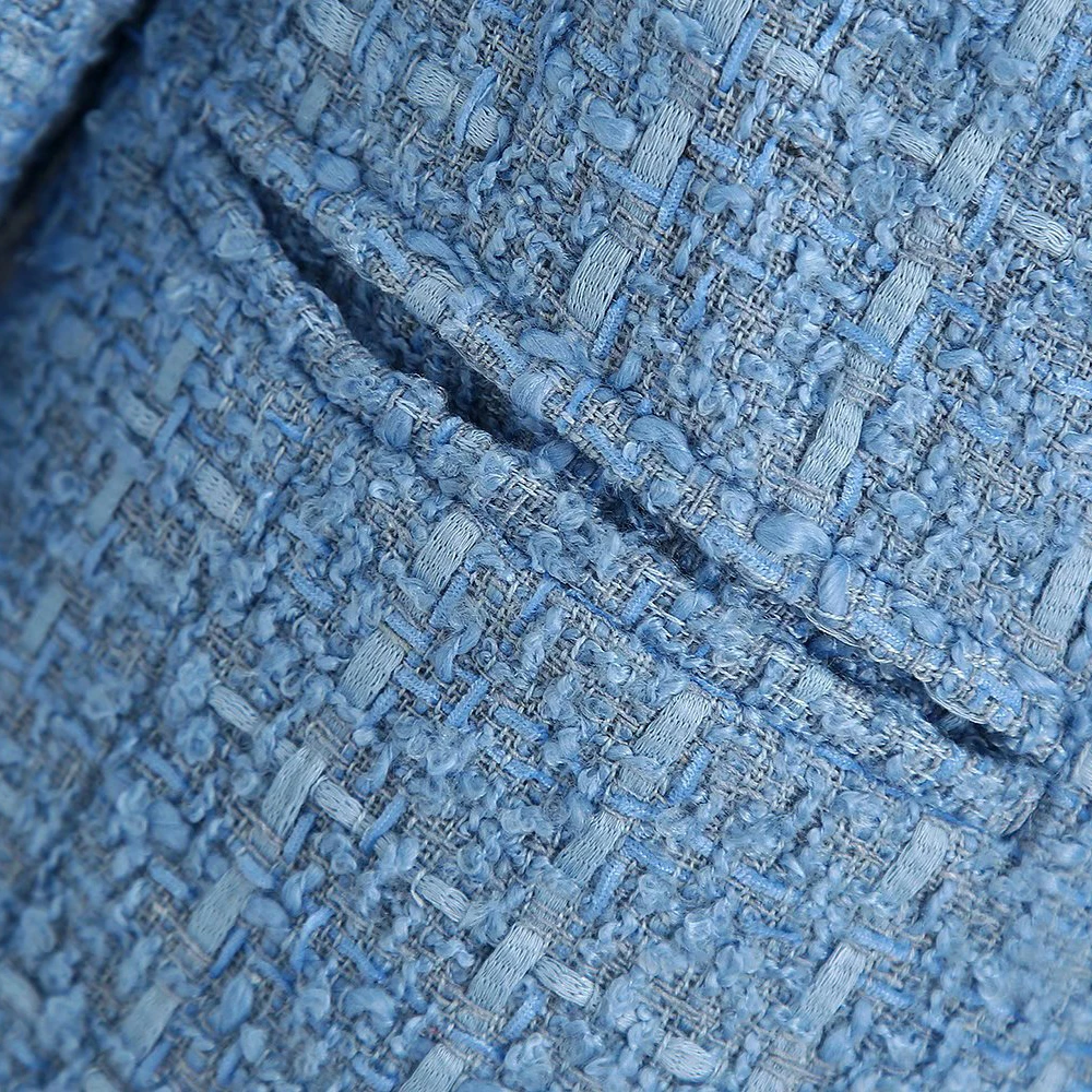 

Spring and autumn woolen twill knitted long sleeve pocket double breasted women's jacket fog blue suit blazers
