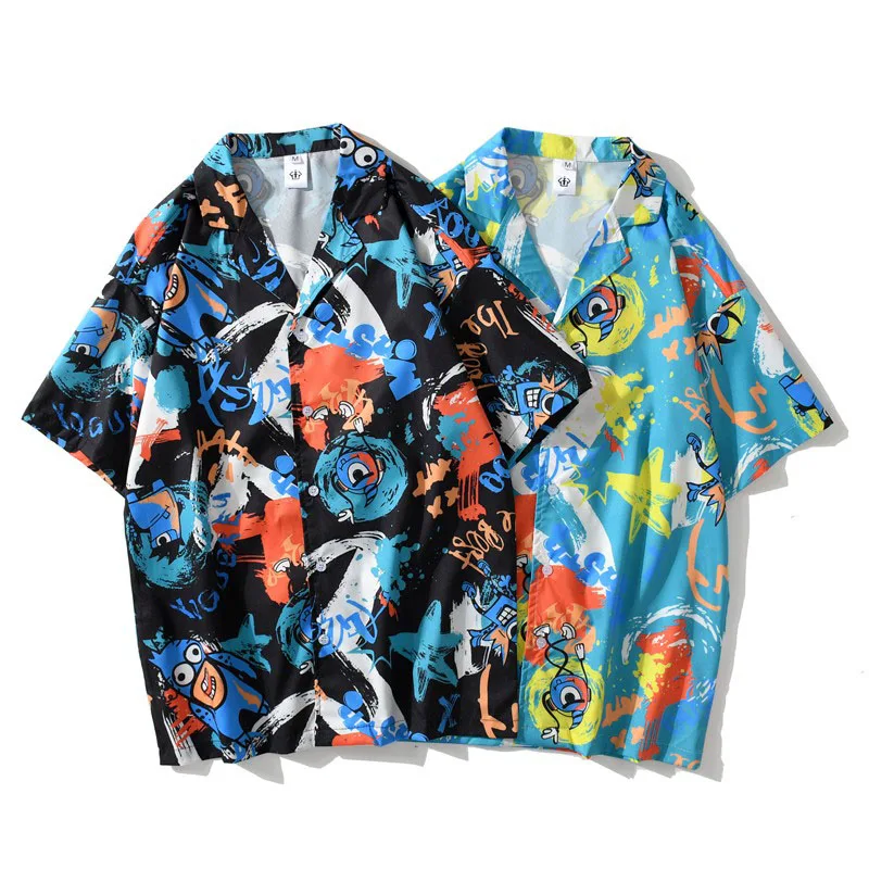 

Men Shirt Short Sleeve 2021 New Arrival Summer Trendy Loose Male Shirt Thin Graffiti Cartoons Student Korean Style S45