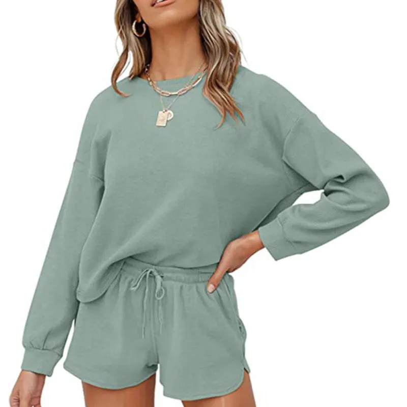 

2Pcs Women Tracksuit, Solid Color O-Neck Long Sleeves Casual Pullover Tops + Drawstring Tied Shorts for Girls Spring Autumn