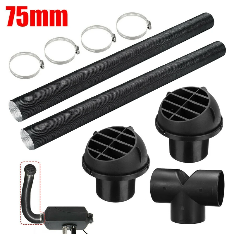 

75mm Car Auto Heater Pipe Duct T Piece Warm Air Outlet Vent Hose Clips Set for Parking Heater Webasto Eberspacher