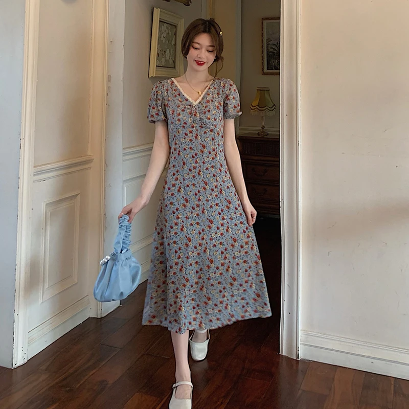 

Summer Women's Dress Casual 2021 Elegant Vintage Lace V-neck Short Sleeves Basic Office Ladies Long Evening Floral Dress