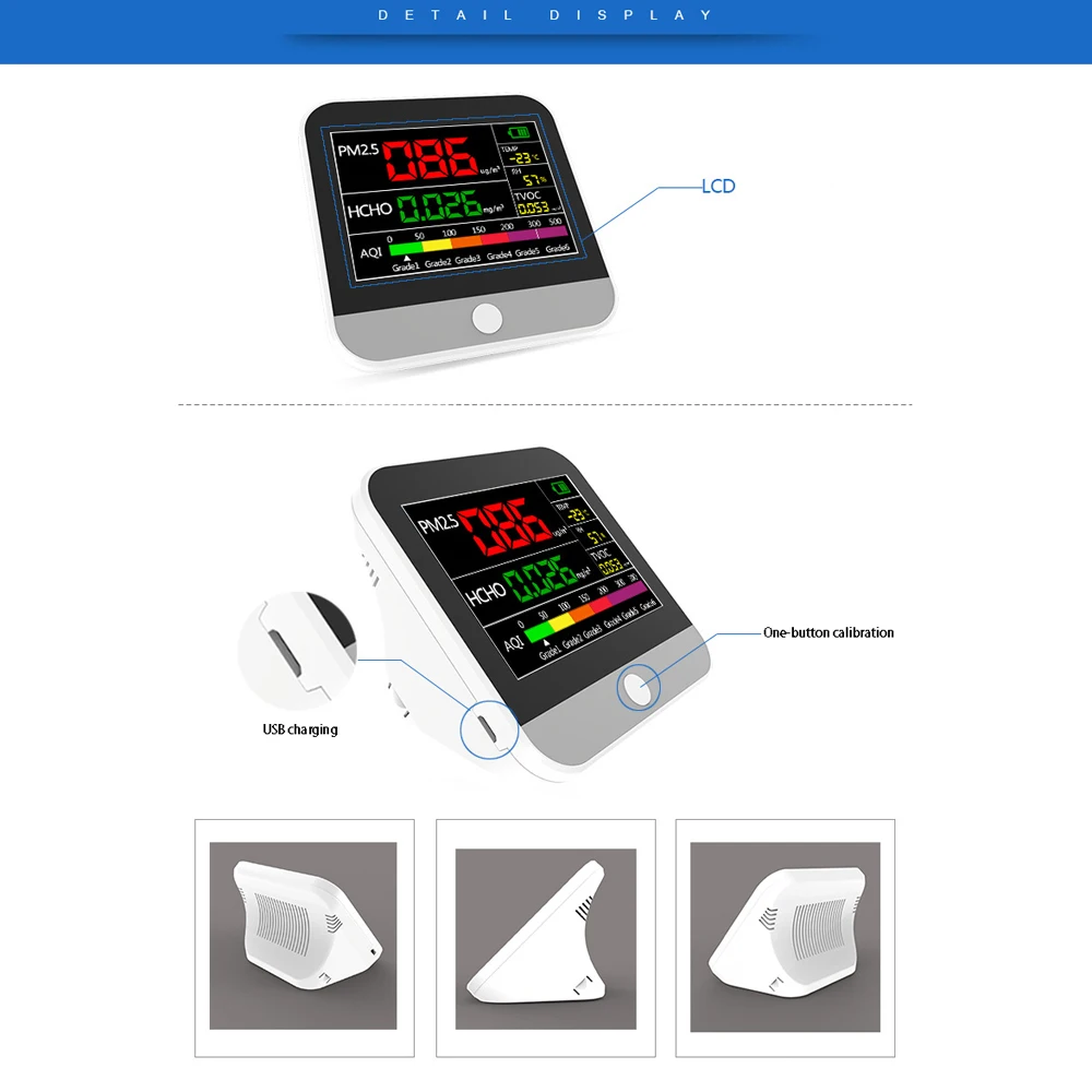 

LCD Digital Display Multifunctional Professional PM2.5 HCHO TVOC AQI Detector Thermometer and Hygrometer Air Quality Analyzer