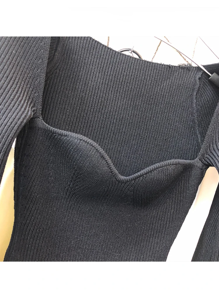 Square collar sexy leaky clavicle tight stretch knit base sweater lady autumn and winter irregular hem wild top | Женская одежда
