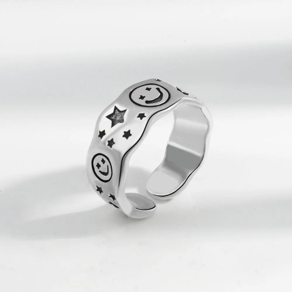 

2021 fashion rings for women men vintage stars smile punk rings aesthetic korean silver color retro smiley open adjustable rings
