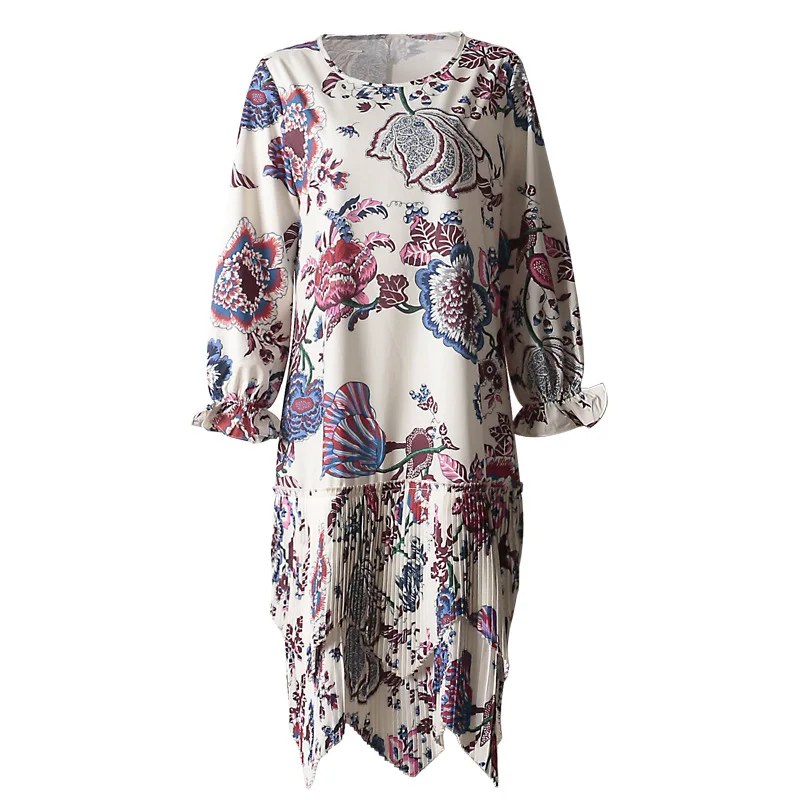 

O Neck Print Patchwork Pleated A Line Full Wavy Knitted Two-Piece Set Dresses Women