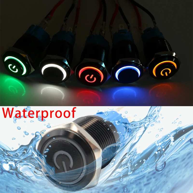 12/16/19/22mm Momentary Reset Latching Lock Black Shell Metal Push Button Switch Waterproof LED Light Flat Round 6V 12V 220V |