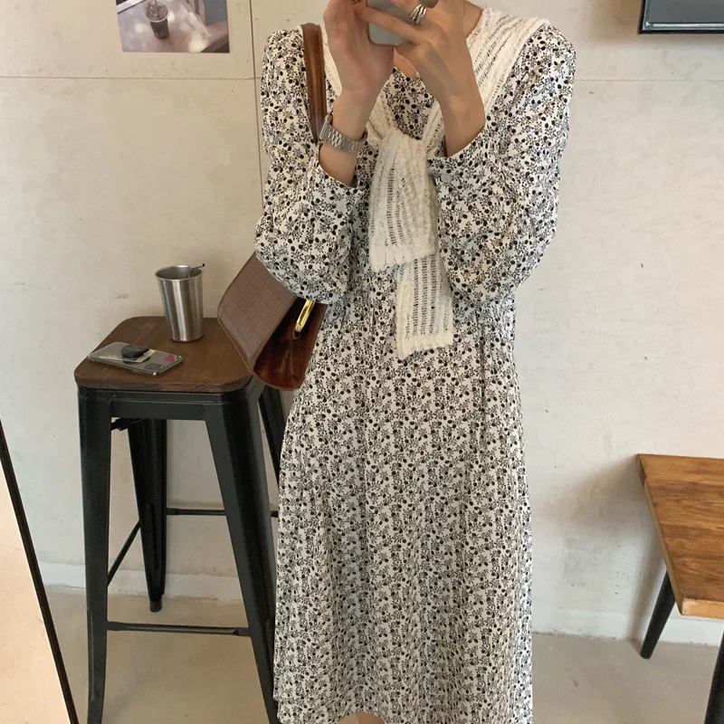 

Vintage Women Vestidos Floral Autumn A-Line High Waist Long Sleeve Spring Elegant Retro Boho Dress with Shawls