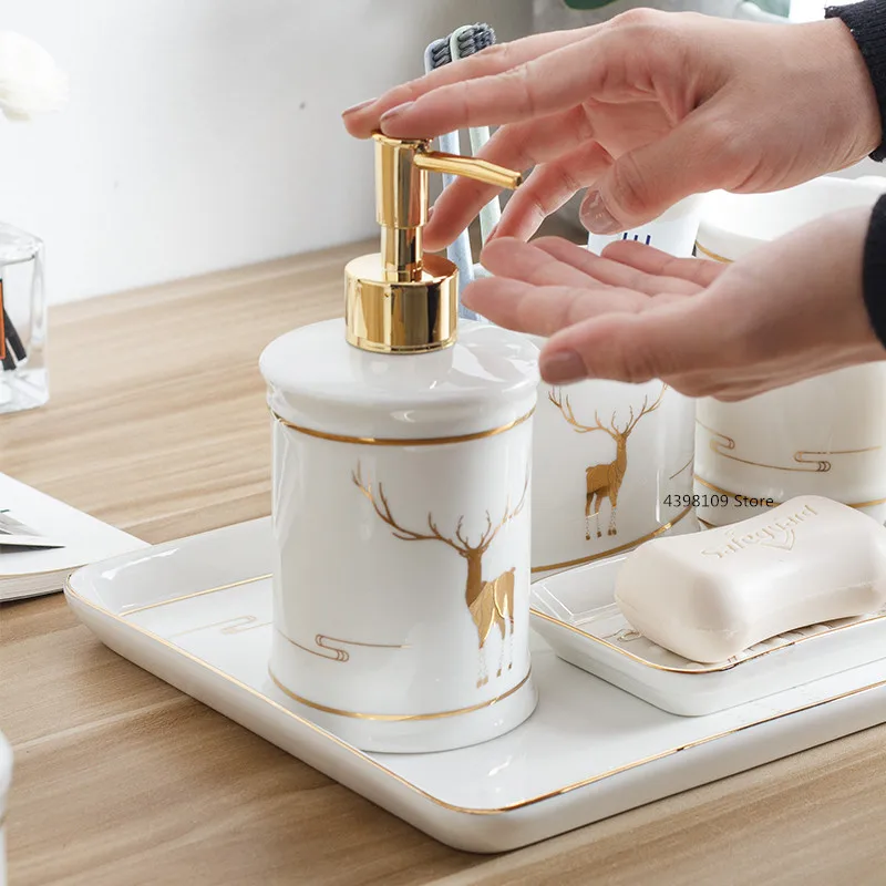 

High quality ceramic bathroom supplies household toothbrush holder / soap dispenser / cotton swab box / bathroom accessories set