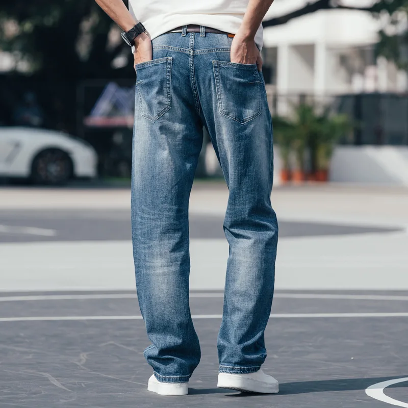 Summer Thin Section Men Jeans Wide Leg Denim Pants Loose Hip Hop Skateboard Elastic Straight Blue Trousers Baggy | Мужская одежда