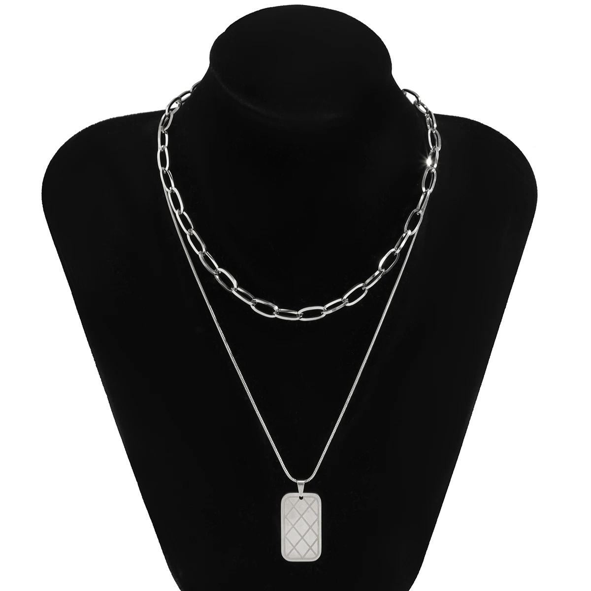 

Women Stainless Steel Necklace Double Layered Geometric Pendant Necklace Simple Long Chain Necklaces Statement Couples Jewelry