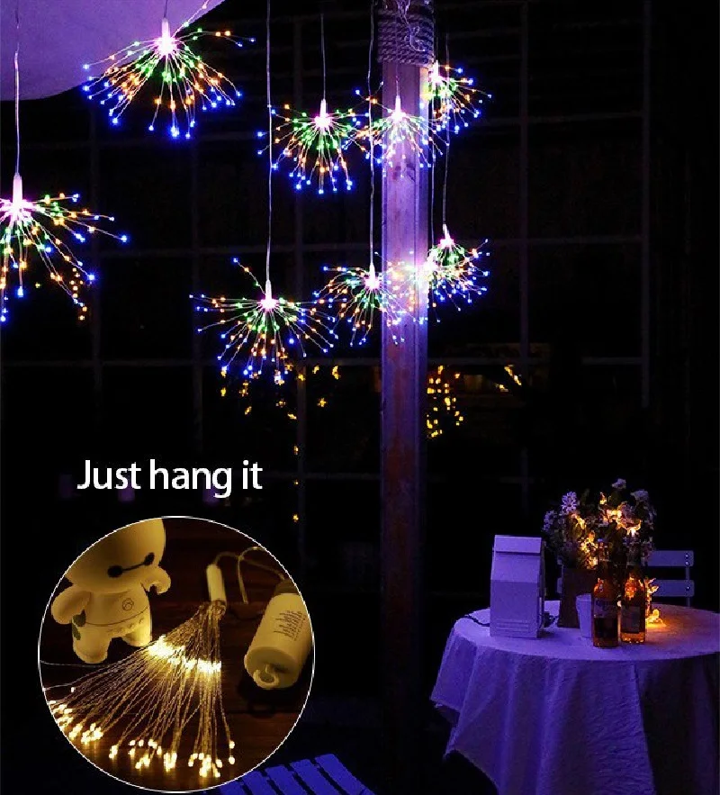 

8 Mode Solar Curtain String light 180 LED Firework String Lights Explosion Star Silver Wire Fairy Light Christmas Decoration