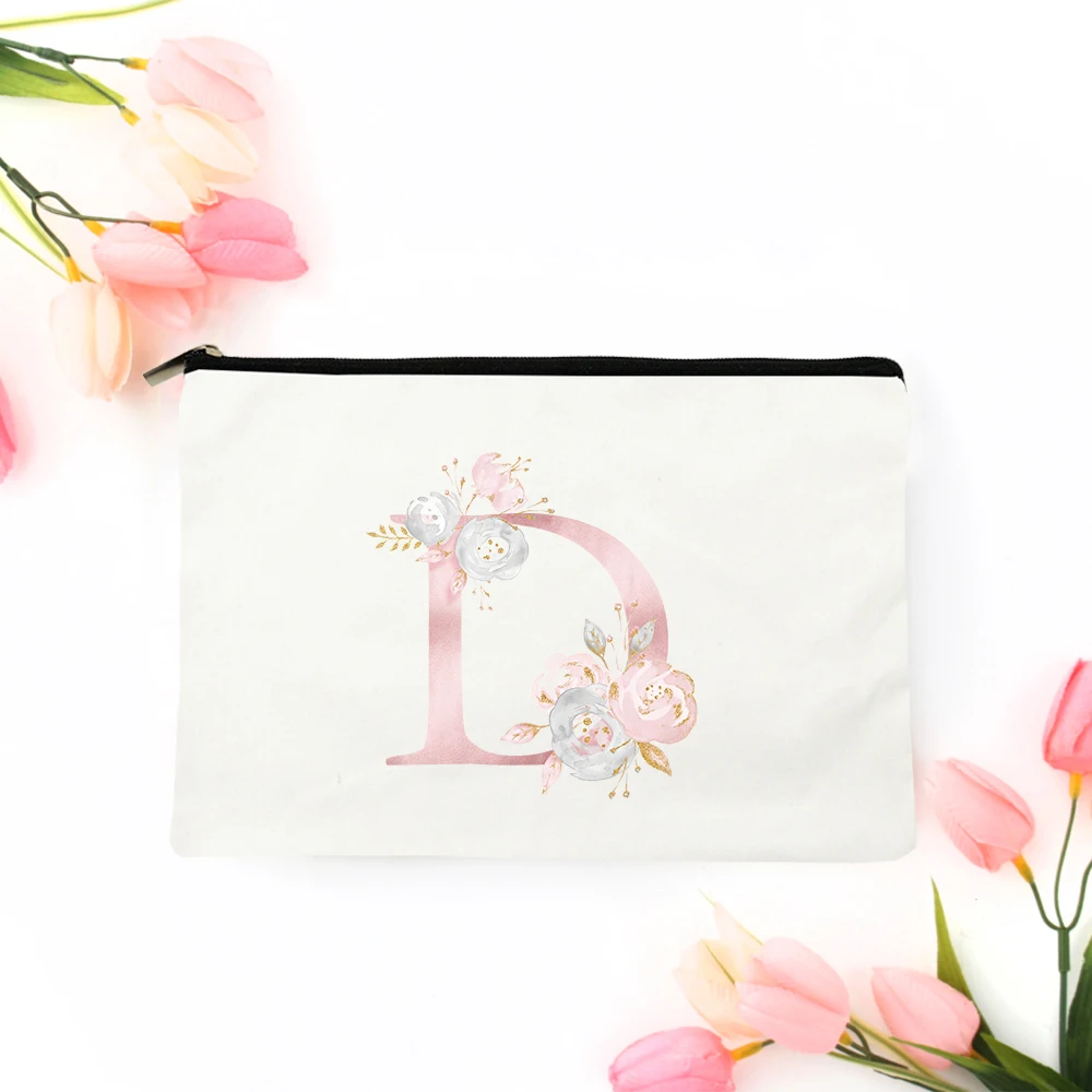 

Pink Floral Alphabet A-Z Print Cosmetic Zipper Pouch Makeup Bag Organizer Toiletry Bag Wedding Party Gift Travel Portable Purse
