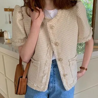 

ZAWFL Women Jackets 2021 Summer Korean Chic Ladies Vintage Round Neck Raw Edge Design Single-Breasted Loose Tweed Jacket