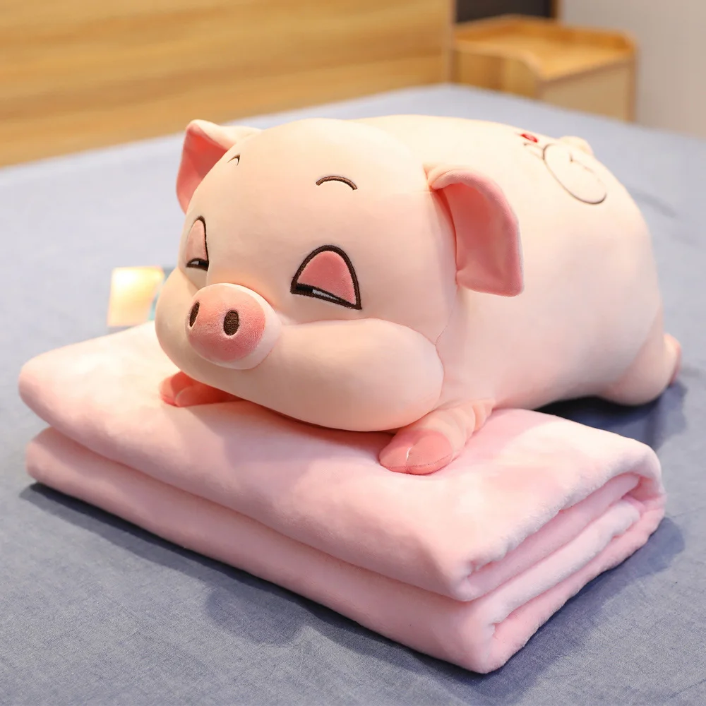 Pink with blanket Супер мягкая розовая подушка в виде сонной свиньи с фланелевым одеялом, высококачественные плюшевые игрушки, подушка в виде хомяка и мыши, подушка для кровати - Цвет: Pink with blanket