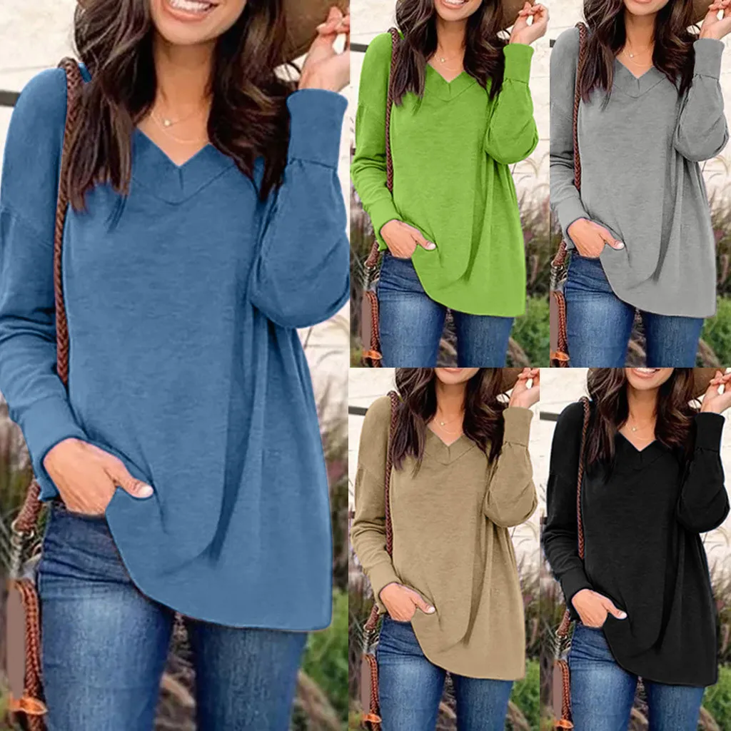 Женская Однотонная рубашка с длинным рукавом и V образным вырезом|Блузки| |