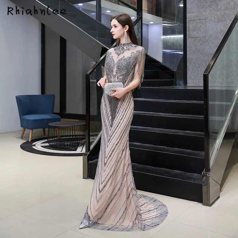 Rhiahnlee вечерние платья с высоким вырезом Соблазнительные до пола бусинами |