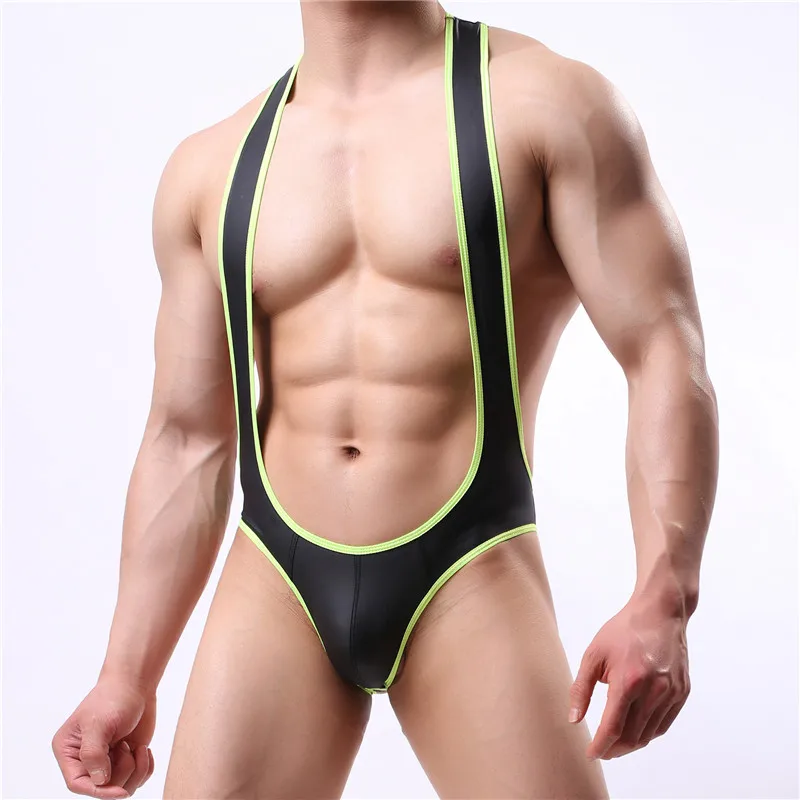 Sexy Men Undershirt Faux Leather PU Wrestling Singlet Open Butt Bikini Jumpsuit Suspender  Underwear Tight One-Piece Bodysuit