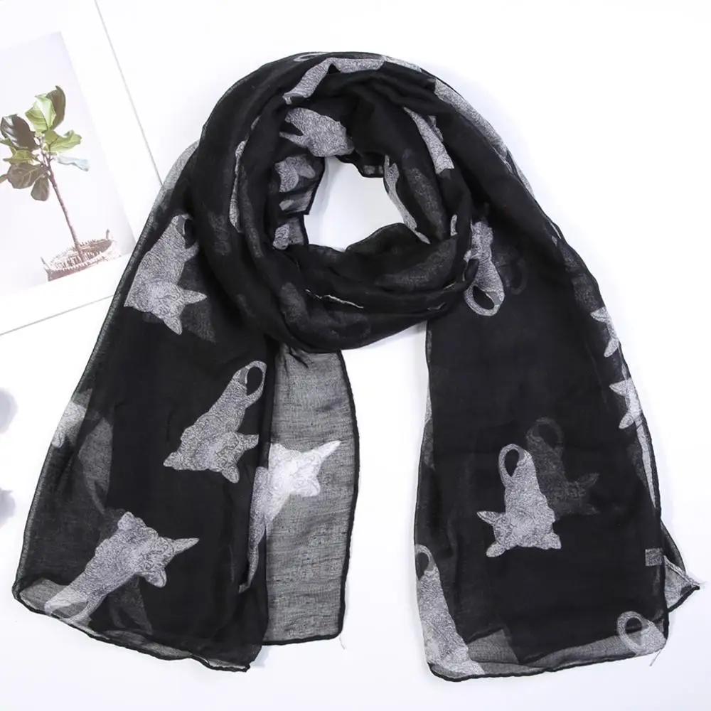 Женский шарф бандана в клетку платок женский зимний шифоновый с принтом кошки