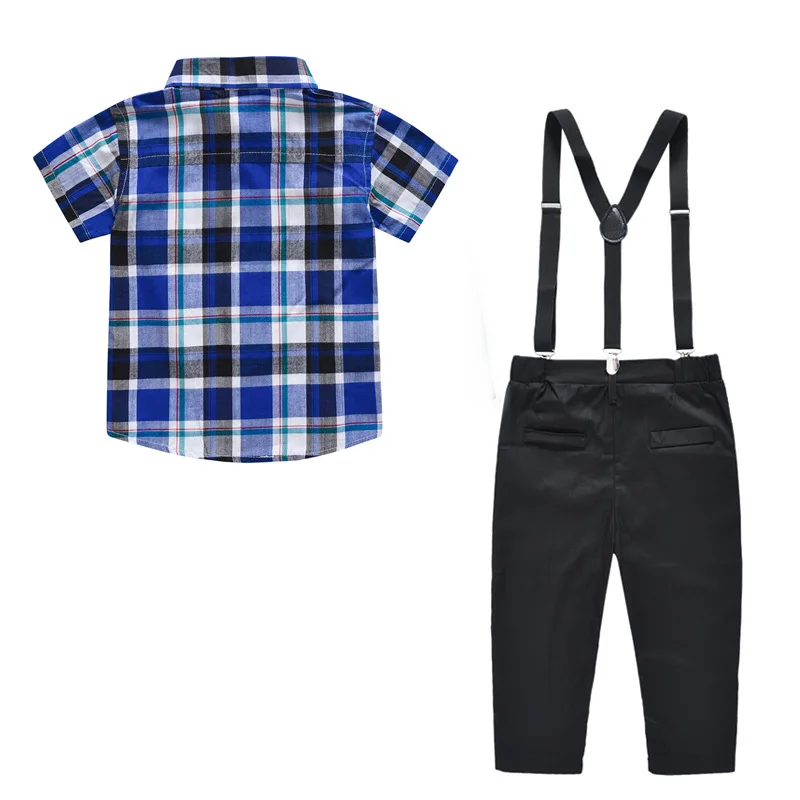 Boys Gentleman Set 2pcs to Send Bow Tie Costume Summer New England Style Cotton Short Sleeve Plaid Shirt Overalls Pants Trousers |