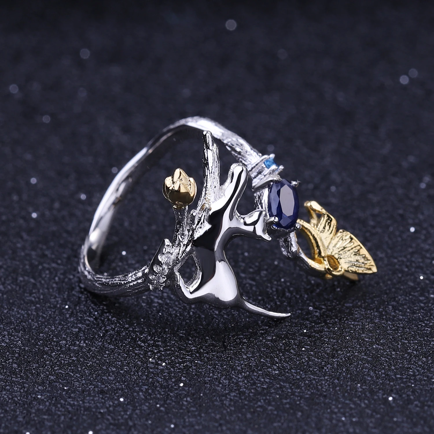 GEM'S BALLET Настоящее 925 пробы Серебряное регулируемое Открытое кольцо 0.30Ct Натуральный Синий сапфир кошачий и бабочка кольца для женщин ювелирные изделия
