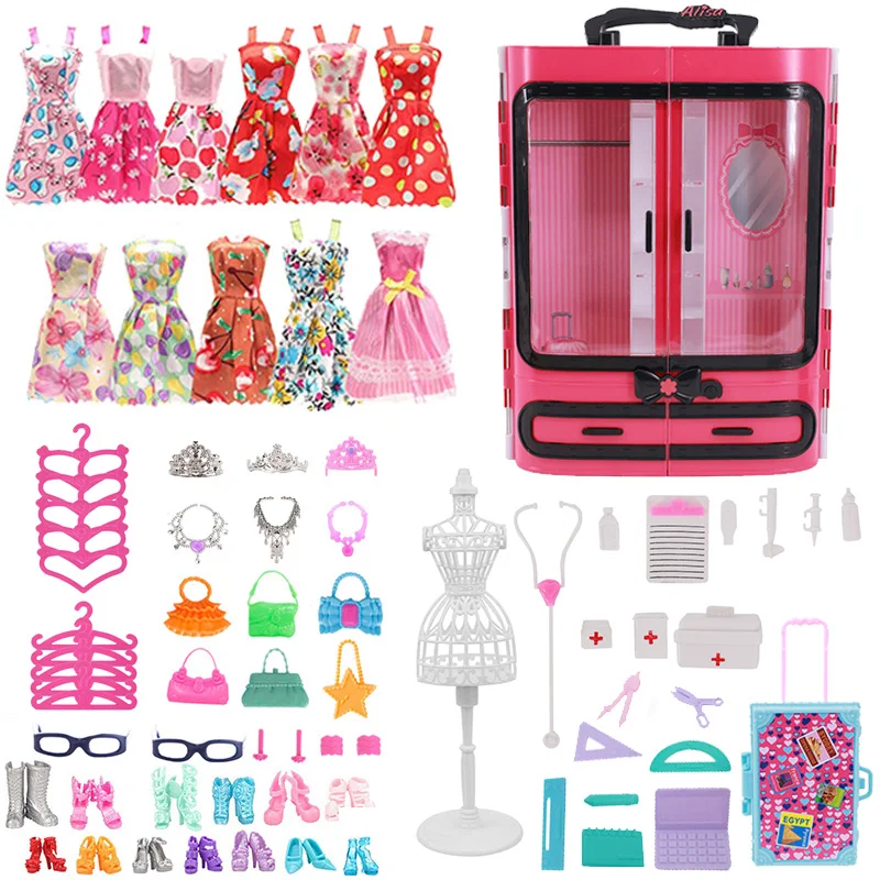 63 шт. аксессуары для кукол Барби = шкаф + стойка обуви вешалки корона высокий