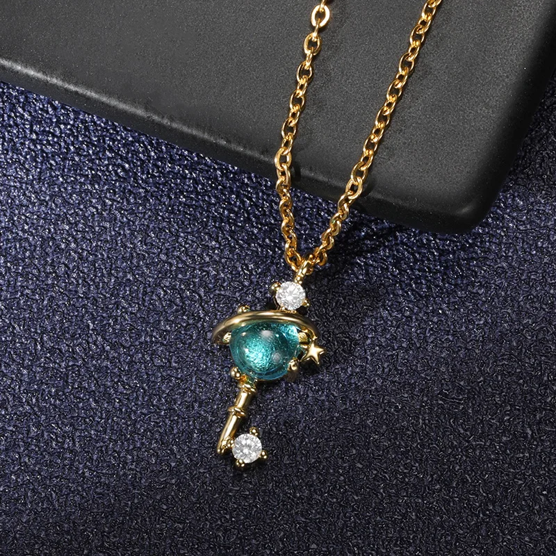 

Romantic Gold Simple Diamond Blue Planet Key Pendant Necklace Women Fashion Wedding Party Jewelry Aesthetics Accessories Gift