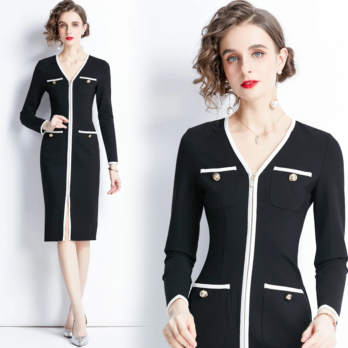 

French slim dress spring and autumn new fashion and elegant temperament bottoming waist bag hip slim woman dress