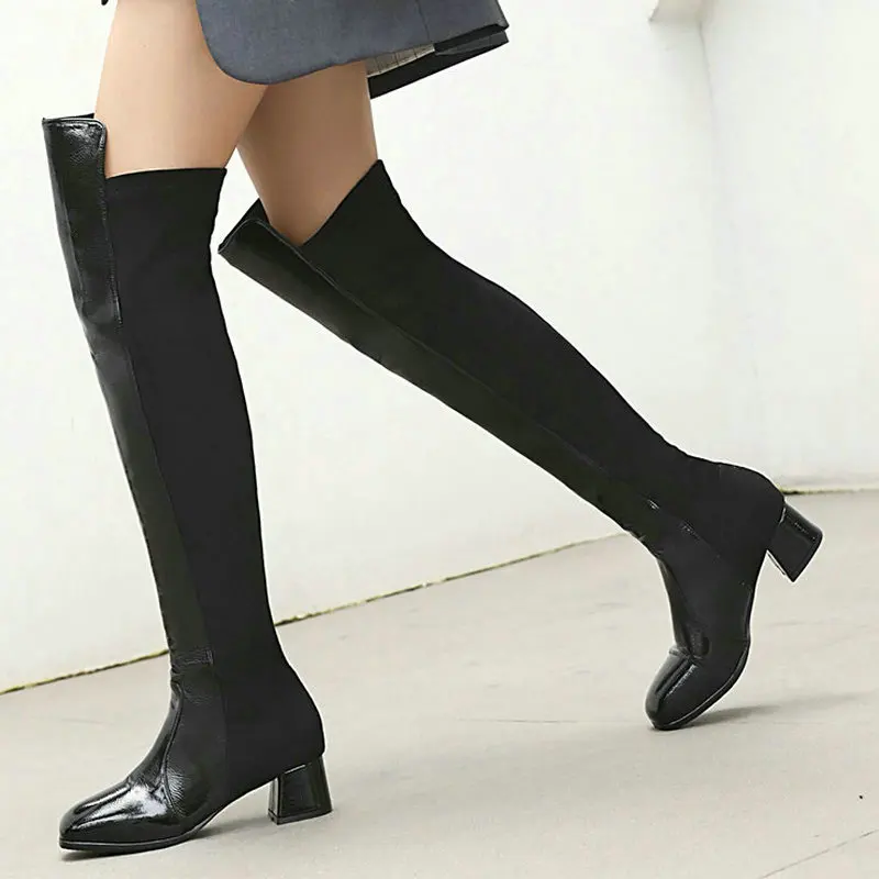 

Female Stitching Stretch Knight Boots Comfortable Low-Heel Round Toe Zipper Shoes Lady Autumn Winter Patent Leather Thigh Boots