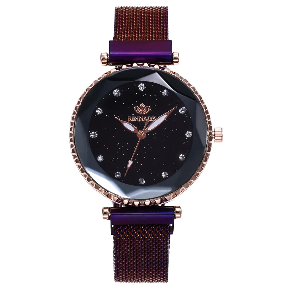 rinnady061purple Женские часы из нержавеющей стали с сетчатым ремешком, наручные часы в римском стиле, модные кварцевые часы с магнитной пряжкой, роскошные часы Relojes Mujer - Цвет: rinnady061purple
