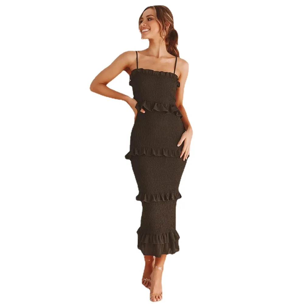

2021 spring new European and American pure color sexy sling pleated cake skirt long skirt