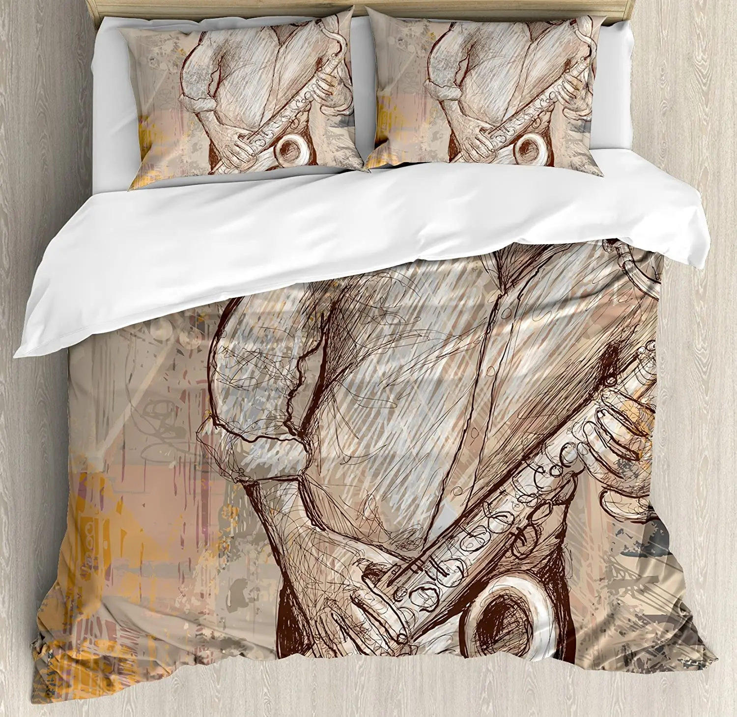 

Music Duvet Cover Set Jazz Musician Playing the Saxophone Solo in the Street on Grunge Background Art Print Bedding Set for Home