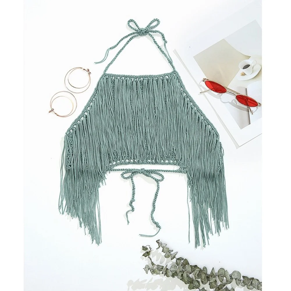 

Hand Crochet Women Sexy Tassel Swimwear Crop Top Beach Swimsuit Swim Underwear Summer Irregular Short Vest
