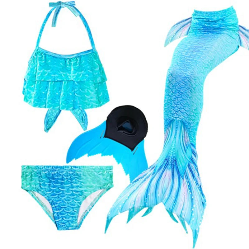 

Комплект из 4 предметов для детей девочек синий бикини Русалка хвост-моноласт хвостом костюм «хвост русалки» с filpper
