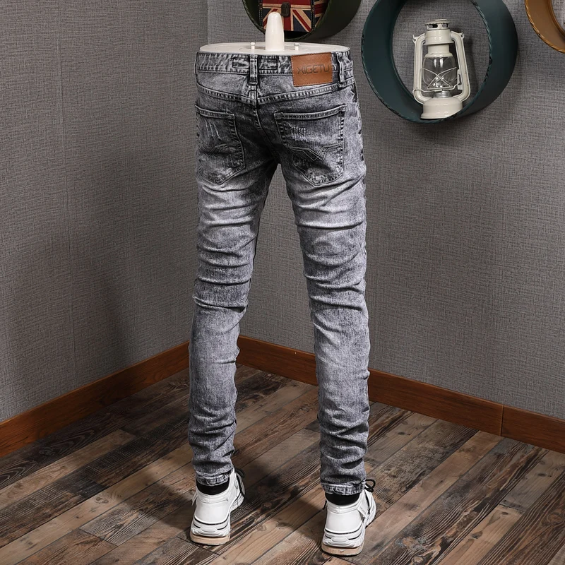 Vintage Gray Ripped Low Waist Jeans Men Streetwear Cotton Slim Fit Straight Stretch Denim Pants