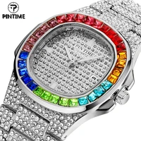 pintime quartz watch men luxury full diamond hip hop colorful sliver rhinestone watches wristwatch male iced out gold dial clock