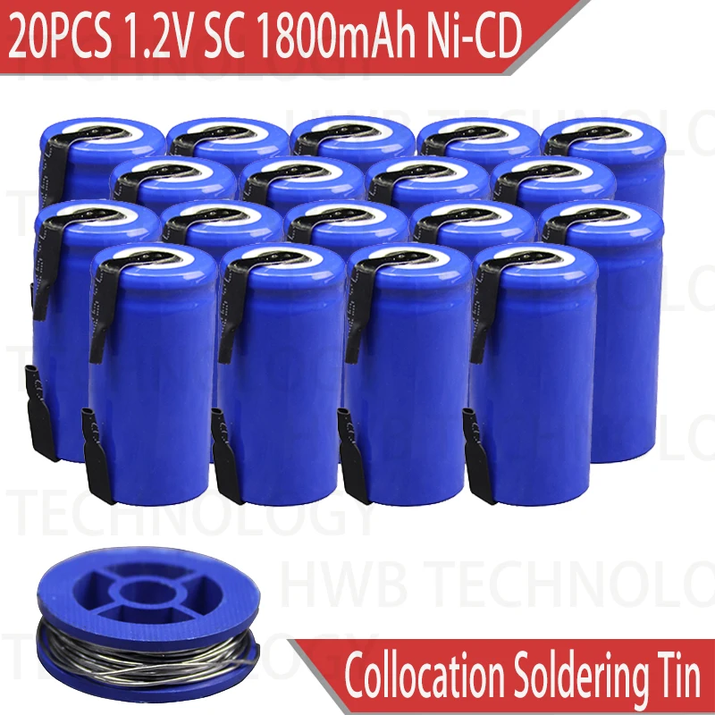 20 шт./лот Sub C SC 1 2 V 1800mAh Ni Cd аккумуляторные батареи белого цвета + паяльная